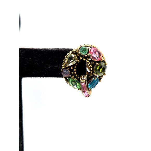 Rare Hollycraft Signed Brooch Pin and Clip Earrings Set Multi Color Rhinestones - Picture 6 of 7